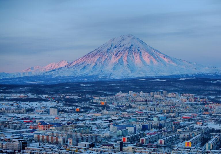 Panoramic view of the city Petropavlovsk-Kamchatsky and volcanoes