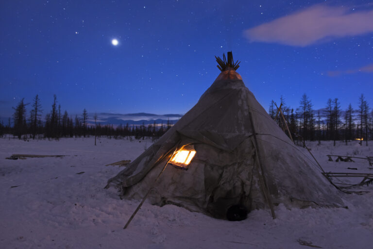 Chum of nomadic tribe at the polar night, clear sky with frosty weather
