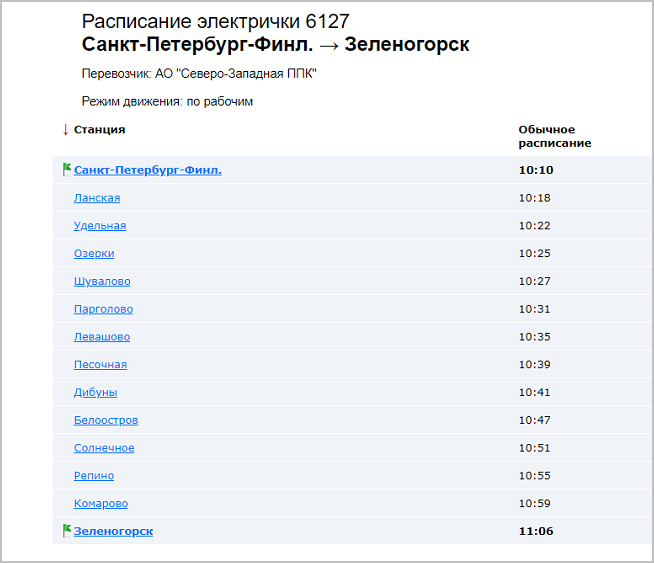 Расписание электрички Санкт-Петербург — Зеленогорск